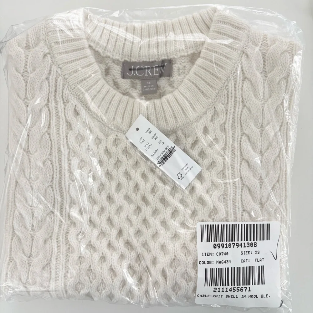 NWT J. Crew Cable-knit Shell Sweater Wool Blend Ivory